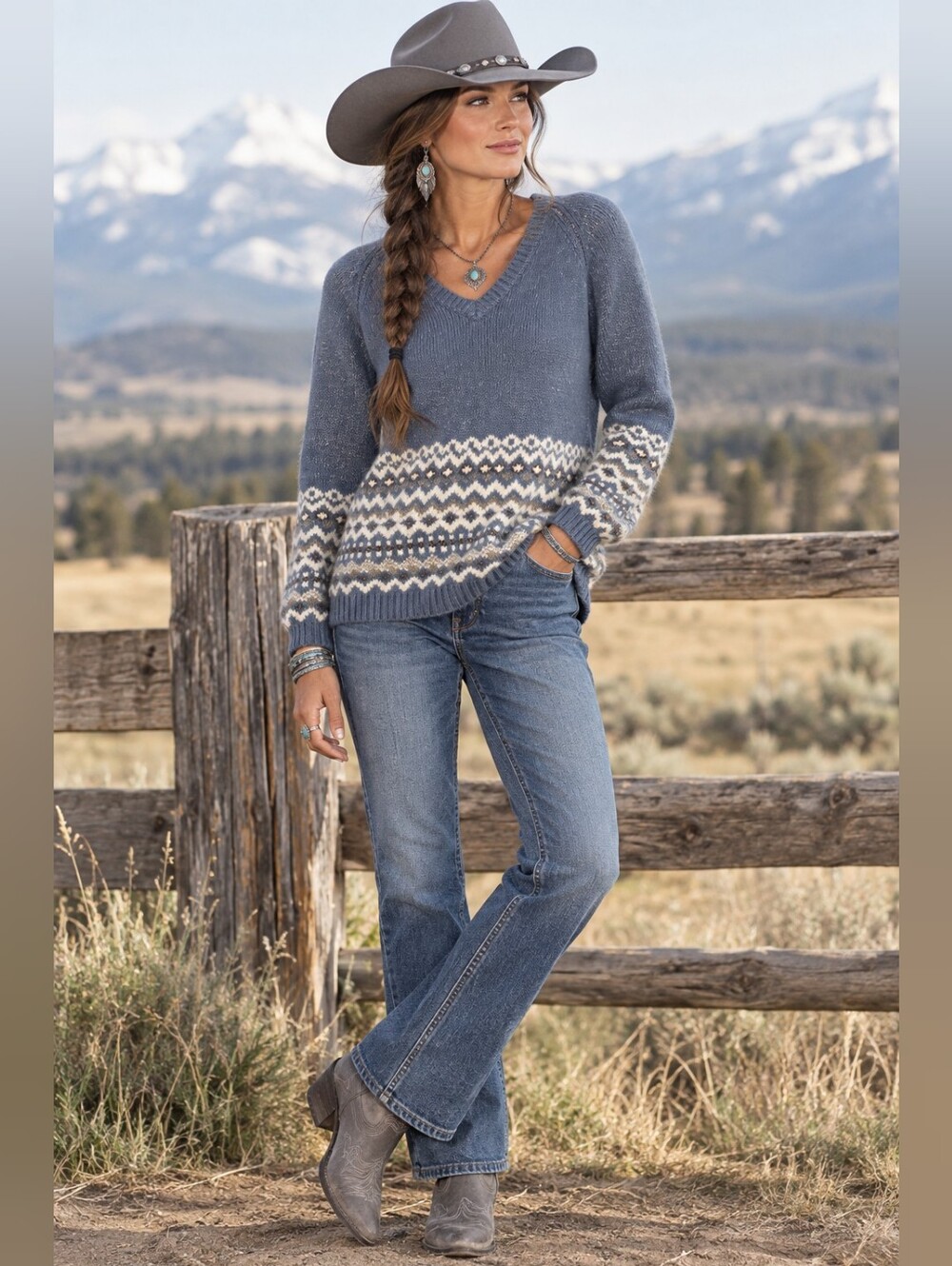Chico's Fair Isle Sweater Nordic Western Cowgirl Vibes Blue Chico's SZ: 2=12/14